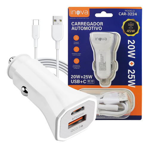 Carregador Veicular Carro Turbo 2 Usb Qc 3.0 + Cabo Tipo C 