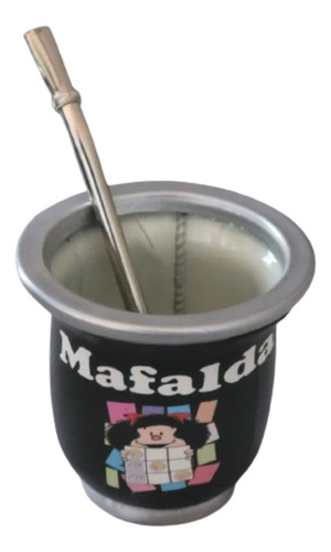 Mate Mafalda Forrado En Cuero Vidrio Templado  + Bombilla