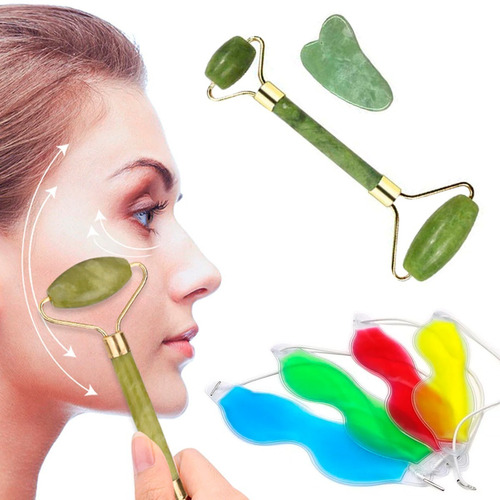 Paquete Rodillo Facial Jade + Gua-sha Masaje + Antifaz Gel F Tipo De Piel Todo Tipo De Piel