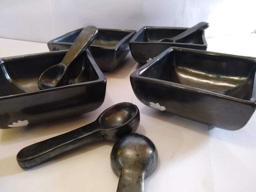 4 Platos Hondos Y 4 Cucharas Barro Negro Oaxaca Artesania 