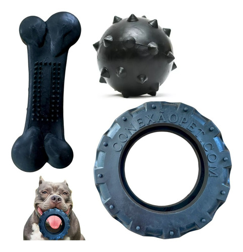 Kit Brinquedo Cães Grande Porte Pneu + Bola 95mm + Osso Big 