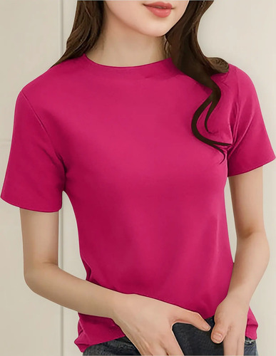 Suave Jersey De Manga Corta Con Cuello Redondo Y Cuello Redo