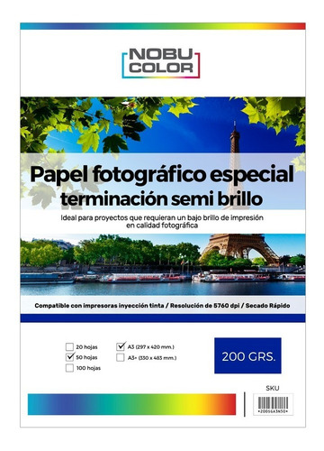 Papel Foto Semi Brillo A3 200 Grs. 50 Hojas