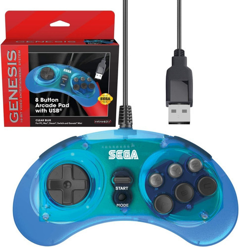 Control Para Sega Genesis Alambrico *usb* 8 Botones Azul