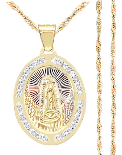 Medalla Sagrado Corazón Jesús Y Cadena Oro 10k Singapur 55cm