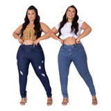Kit 2 Calças Jeans Plus Size Lisa Rasgada Cintura Alta