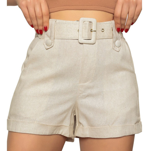 Short Verão Linho Com Cinto Casual Moderno Alfaiataria 