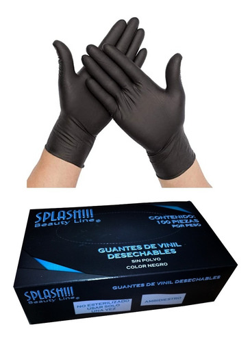 Guantes Splash De Vinil Negro Desechables 100 Piezas