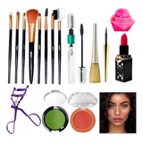 Set De Make Up Brochas Labial Mascara Arqueador Rubor Sombra