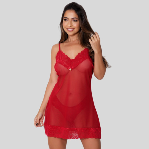 Camisola Sensual Tule Renda Transparente Regulável +calcinha