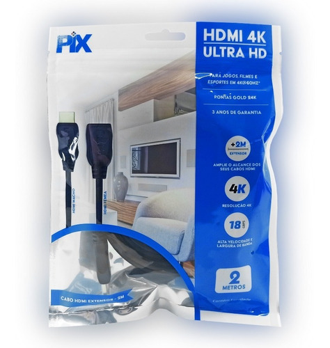 03 Mega Cabo Extensor Hdmi 2 Metros 2.0 4k  Fêmea X Macho