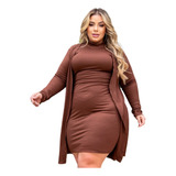 Vestido Plus Size Com Maxi Cardigan Conjunto Quentinho G3