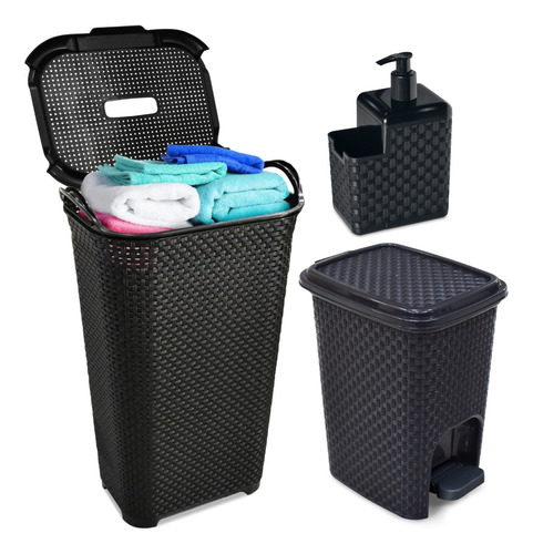 Kit Rattan Cesto De Roupas 50l Lixeira Pedal 7l Saboneteira