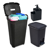 Kit Rattan Cesto De Roupas 50l Lixeira Pedal 7l Saboneteira