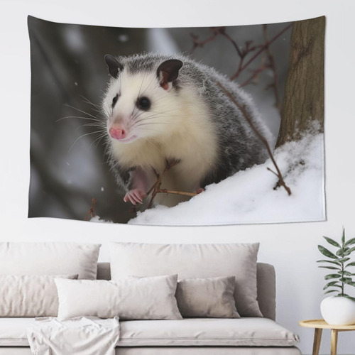 Adanti Opossum In Snow Print Tapestry Decorative Wall Soft .