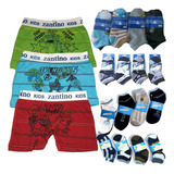 Combo Pack De 12 Boxer Zantino Niños Y 12 Pares De Medias