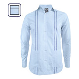 Camisa Guayabera Azul Claro Bordada Bolsillos Manga Larga