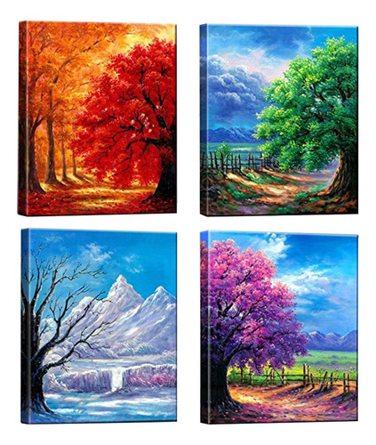 4 Piezas Pintura De Pared, Dibujo De 4 Estaciones / Paisaje