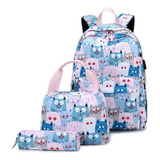 Mochila Rosa Casual De Gran Capacidad For Gatos, 3 Piezas