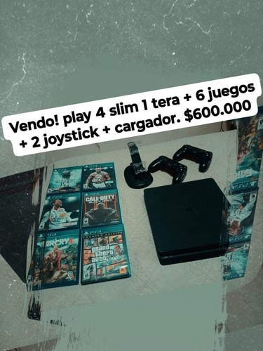 Play 4 Slim 1 Tera + 6 Juegos + 2 Joystick + Cargador