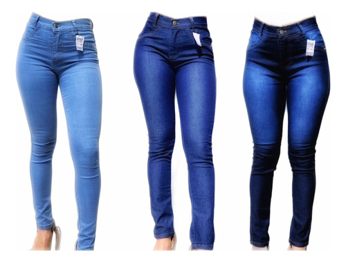 Kit 3 Calças Jeans Feminina Lycra Cintura Alta Empina Bumbum