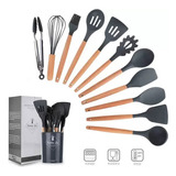 Kit Utensilio Silicone 12 Peças Cabo Madeira C/ Suporte