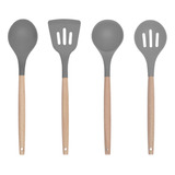 4 Peças Utensílios Silicone Bambu Espátula E Colheres