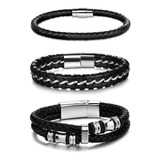 3 Pulseras De Piel Trenzado De Acero Inoxidable Para Hombres