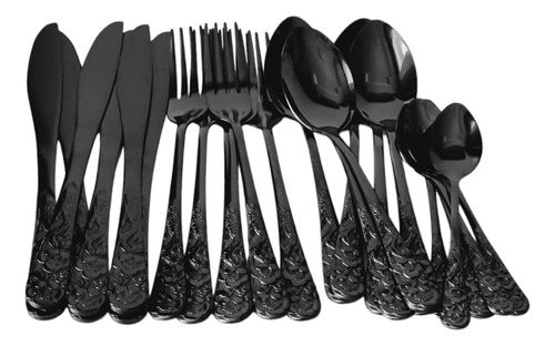 Faqueiro De Inox De Luxo Talheres Preto Cabo Trabalhado 24pc