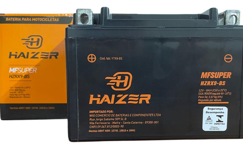 Bateria Dafra Roadwin 250 12v 9ah Haizer Hzrx9-bs (ytx9-bs)