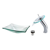 Kit Cuba Vidro Retangular 34cm + Torneira Cascata + Válvula