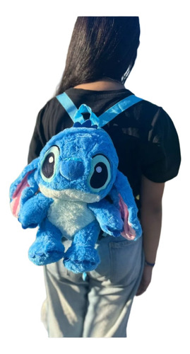 Mochila Peluche Stitch Azul 35 X 27 En Bolsa Regalo