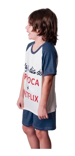 Pijama Infantil Masculino Verão Curto Malha Pipoca E Netflix