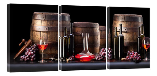 Pyradecor 3 Paneles De Botella De Vino Tinto Y Barril De Uv.