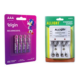 Carregador De Pilhas Aa/aaa/9v + 4 Pilhas Aaa 1000 Mah Elgin