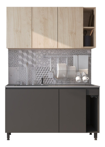 Combo De Cocina Moderno Bajo Mesada + Alacena 140 Premium Color Roble Kendal Natural/ Gris Sombra