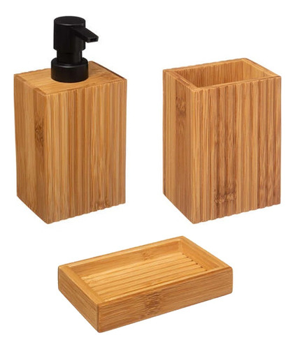 Set Accesorio Baño Organizador Bambú Dispenser Vaso Jabón X3