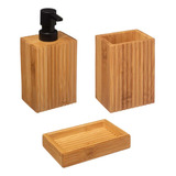 Set Accesorio Baño Organizador Bambú Dispenser Vaso Jabón X3