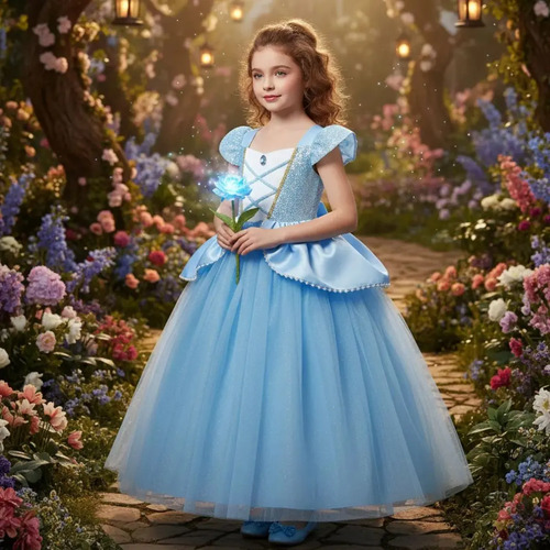Vestido Cinderela Menina Luxo Azul Brilho Fantasia Princesa | Frete grátis