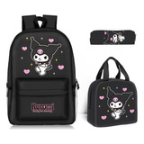 Conjunto De 3 Pcs Kuromi Mochila Estudantil Lancheira Estojo