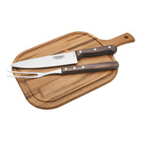 Kit De Barbacoa Tramontina De Acero Inoxidable De 3 Piezas Con Tablero De Madera Contrachapada Marrón