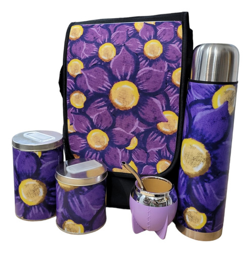 Set Matero Floral Purple Con Mate Pampa De Pvc