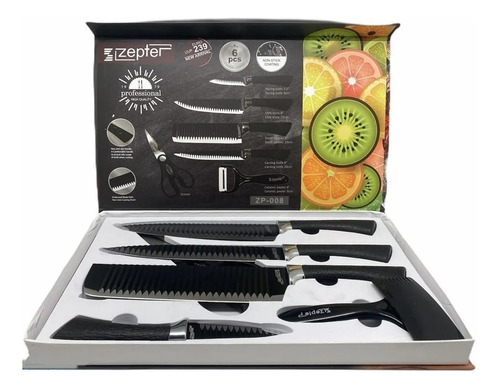 Kit Jogo Faca Cozinha Tesoura Em Aço Inox 6 Peças Corte Top