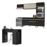 Cozinha Modulada/bancada Americana Veneza Multimóveis Mp2208 Cor Preto/dourado
