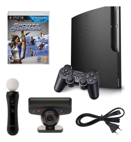 Playstation 3 Slim 320gb Move Sports C/ 02 Controles + 02 Controles Ps Move + Ps Move Racing Wheel + Carregadores + 08 Jogos, Tudo Em Ótimo Estado