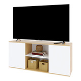 Rack Mesa Para Led Tv Melamina Texturada Moderno Minimalista Color Roble Natural Con Blanco