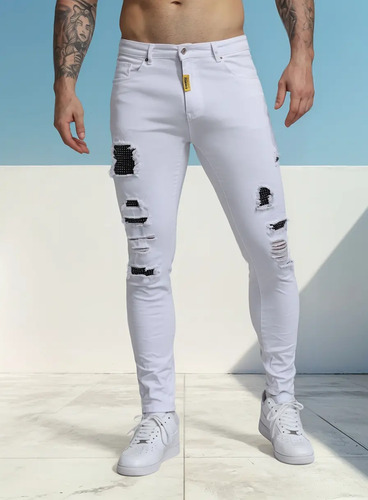 [logeqi] Vaqueros Desgastados Blancos Para Hombre