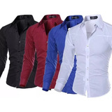 Kit 4 Camisa Manga Longa Masculina Camiseta Social Slim