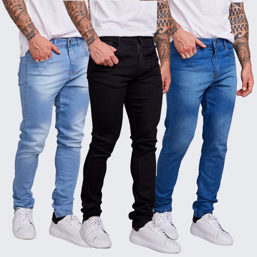 Calça Jeans Masculina Kit 3 Slim Fit Com Lycra Elastano