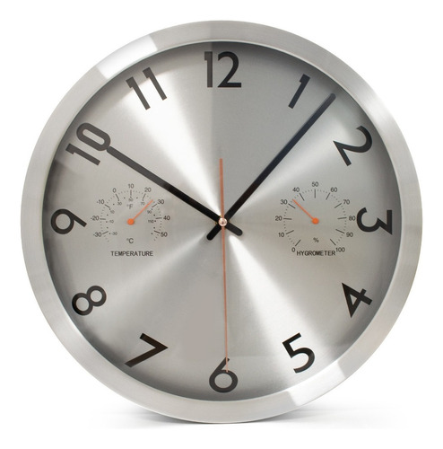 Reloj De Pared Silver Con Temperatura Y Humedad 30 Cm Estructura Plateado Fondo Plateado